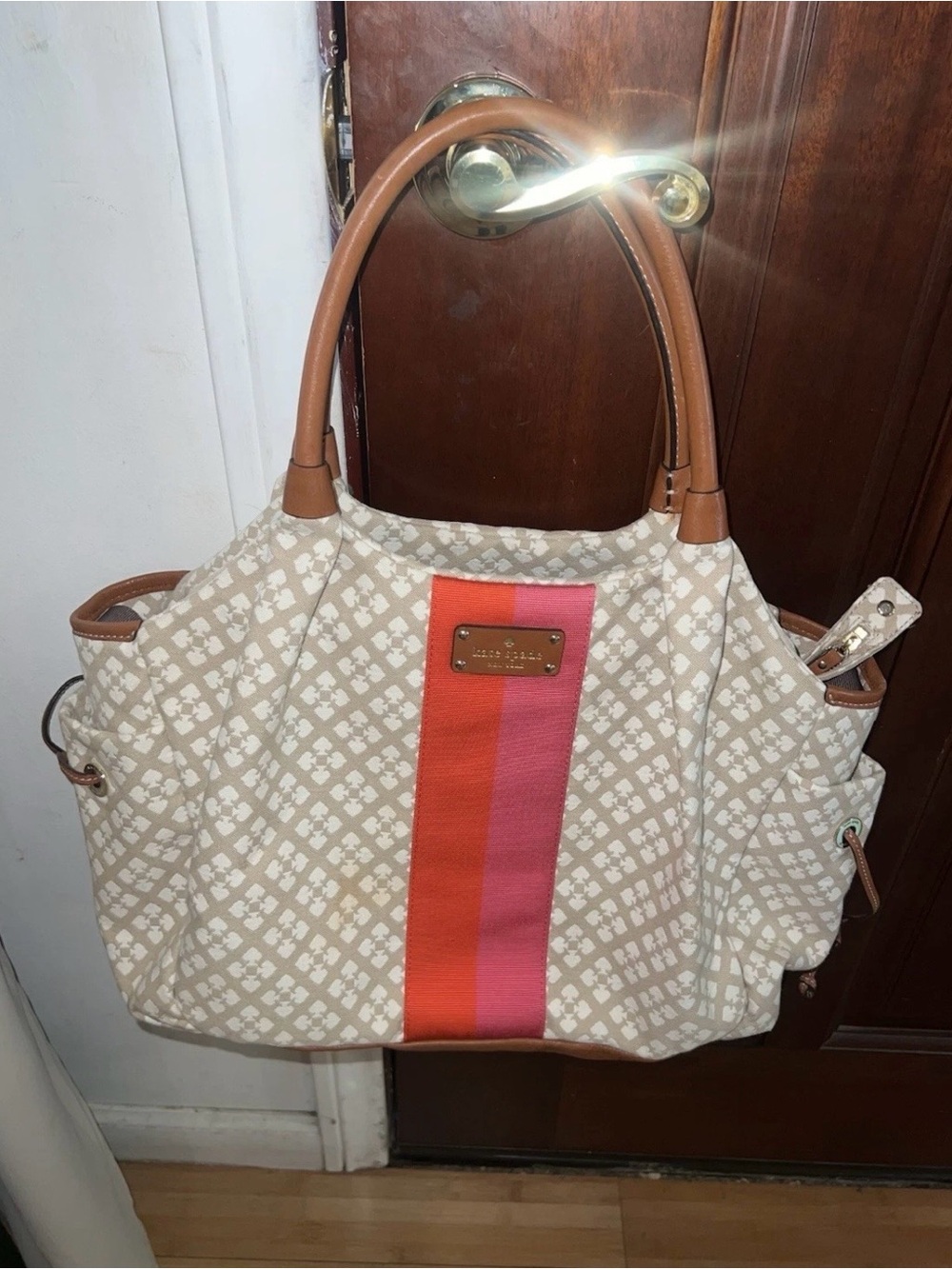 Kate Spade Beige Canvas with Pink and Orange Stripe,diaper bag